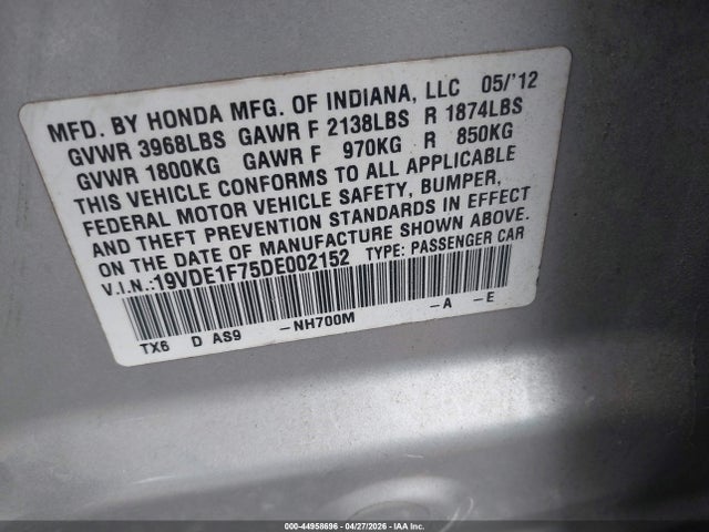 44958696 :رقم المزاد ، 19VDE1F75DE002152 vin ، 2013 Acura Ilx 2.0l مزاد بيع