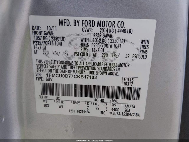 44958700 :رقم المزاد ، 1FMCU0D77CKB17183 vin ، 2012 Ford Escape Xlt مزاد بيع