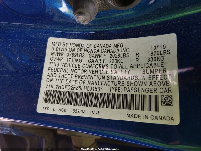 Продаж на аукціоні авто 2020 Honda Civic Sport, vin: 2HGFC2F85LH501607, номер лоту: 44958729