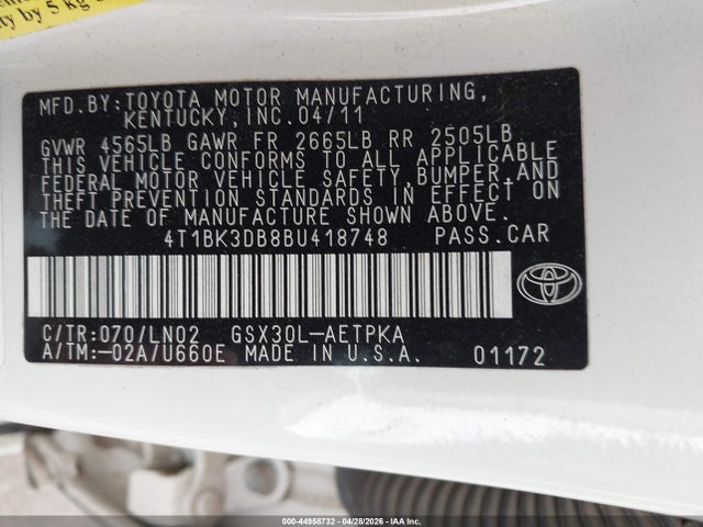 44958732 :رقم المزاد ، 4T1BK3DB8BU418748 vin ، 2011 Toyota Avalon Limited مزاد بيع