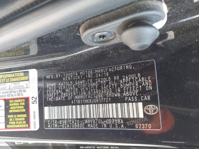 Продажа на аукционе авто 2018 Toyota Camry Se, vin: 4T1B11HK8JU617721, номер лота: 44958735