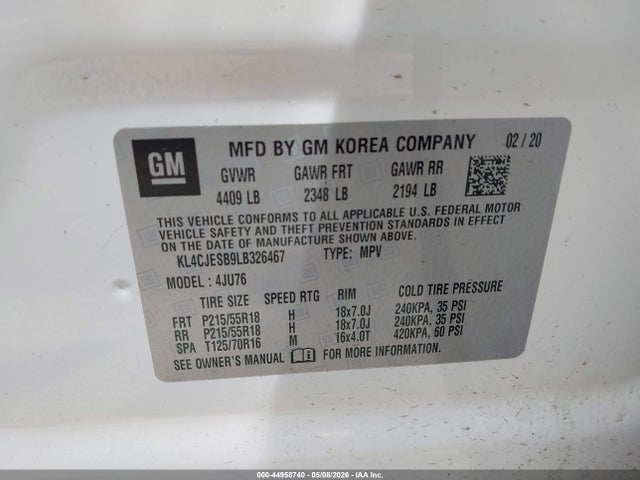 2020 Buick Encore Awd Preferred მანქანა იყიდება აუქციონზე, vin: KL4CJESB9LB326467, აუქციონის ნომერი: 44958740