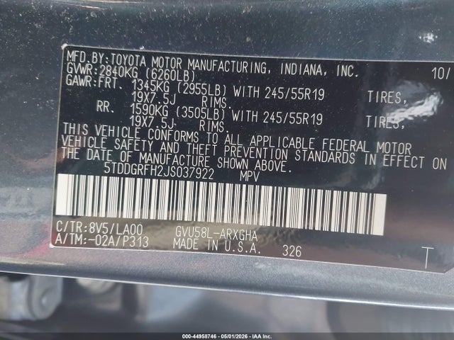 Aukcja sprzedaży 2018 Toyota Highlander Hybrid Limited, vin: 5TDDGRFH2JS037922, numer aukcji: 44958746