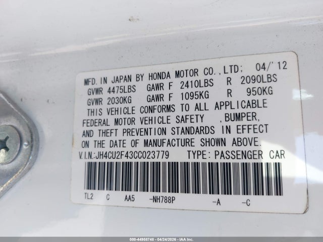 Aukcja sprzedaży 2012 Acura Tsx 2.4, vin: JH4CU2F43CC023779, numer aukcji: 44958748