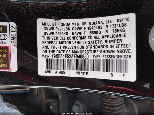 2010 Honda Civic Lx მანქანა იყიდება აუქციონზე, vin: 19XFA1F52AE040850, აუქციონის ნომერი: 44958760