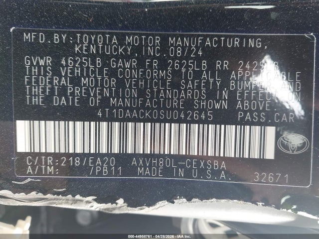 Aukcja sprzedaży 2025 Toyota Camry Se, vin: 4T1DAACK0SU042645, numer aukcji: 44958761
