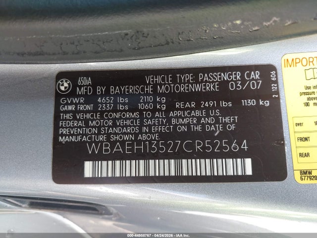 Продажа на аукционе авто 2007 Bmw 650i, vin: WBAEH13527CR52564, номер лота: 44958767