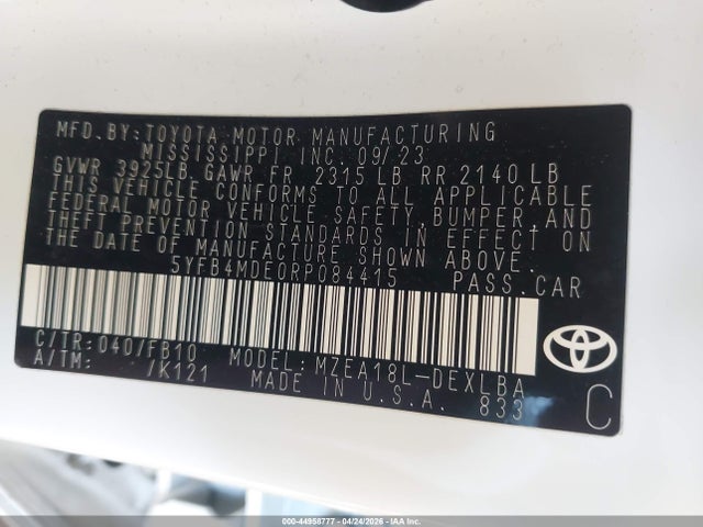 44958777 :رقم المزاد ، 5YFB4MDE0RP084415 vin ، 2024 Toyota Corolla Le مزاد بيع