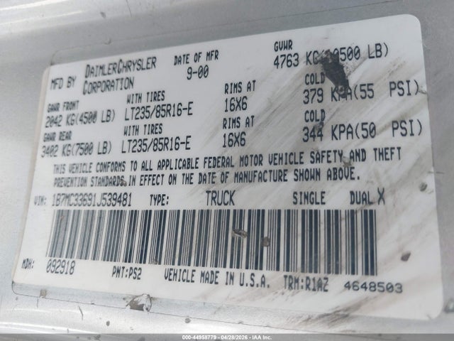 44958779 :رقم المزاد ، 1B7MC33691J539481 vin ، 2001 Dodge Ram 3500 St مزاد بيع