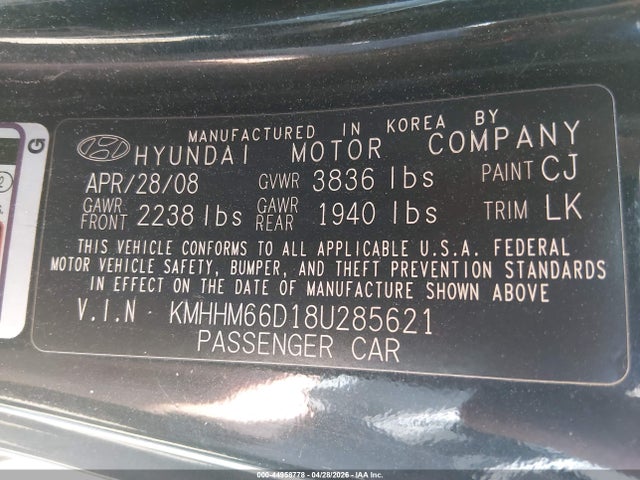 Aukcja sprzedaży 2008 Hyundai Tiburon Gs, vin: KMHHM66D18U285621, numer aukcji: 44958778