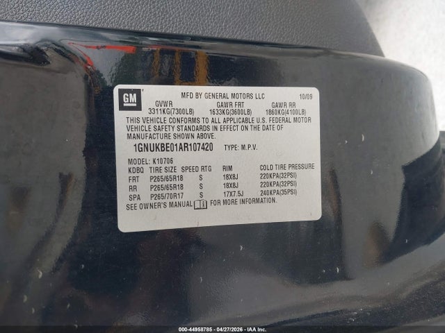 44958785 :رقم المزاد ، 1GNUKBE01AR107420 vin ، 2010 Chevrolet Tahoe Lt مزاد بيع