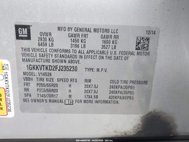 Aukcja sprzedaży 2015 Gmc Acadia Denali, vin: 1GKKVTKD2FJ235230, numer aukcji: 44958786