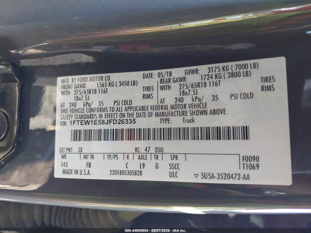 44958804 :رقم المزاد ، 1FTEW1E58JFD26335 vin ، 2018 Ford F-150 Xlt مزاد بيع
