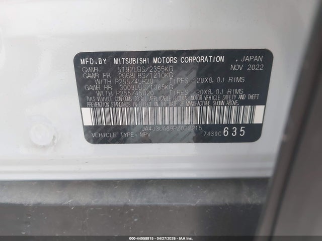 44958815 :رقم المزاد ، JA4J3UA89PZ022215 vin ، 2023 Mitsubishi Outlander Se 2.5 2wd مزاد بيع