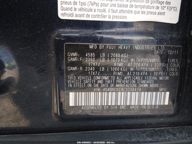 Aukcja sprzedaży 2012 Subaru Outback 2.5i Limited, vin: 4S4BRCKC8C3238474, numer aukcji: 44958821