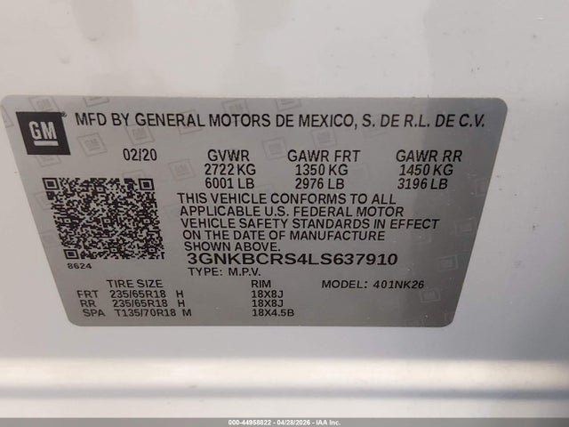 Aukcja sprzedaży 2020 Chevrolet Blazer Fwd 2lt, vin: 3GNKBCRS4LS637910, numer aukcji: 44958822