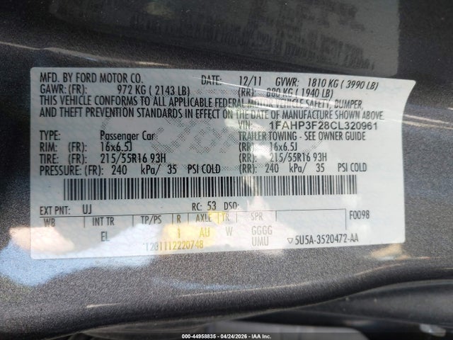 Aukcja sprzedaży 2012 Ford Focus Se, vin: 1FAHP3F28CL320961, numer aukcji: 44958835