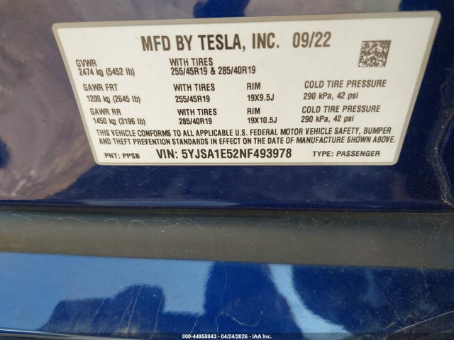 Продажа на аукционе авто 2022 Tesla Model S Dual Motor All-wheel Drive, vin: 5YJSA1E52NF493978, номер лота: 44958843