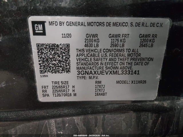 44958849 :رقم المزاد ، 3GNAXUEVXML333141 vin ، 2021 Chevrolet Equinox Awd Lt مزاد بيع