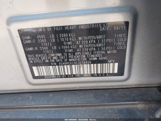 Продажа на аукционе авто 2012 Subaru Outback 2.5i Limited, vin: 4S4BRCKC9C3210456, номер лота: 44958856