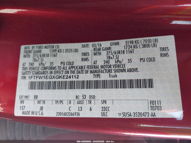 Aukcja sprzedaży 2016 Ford F-150 Xlt, vin: 1FTFW1EGXGKE24112, numer aukcji: 44958865