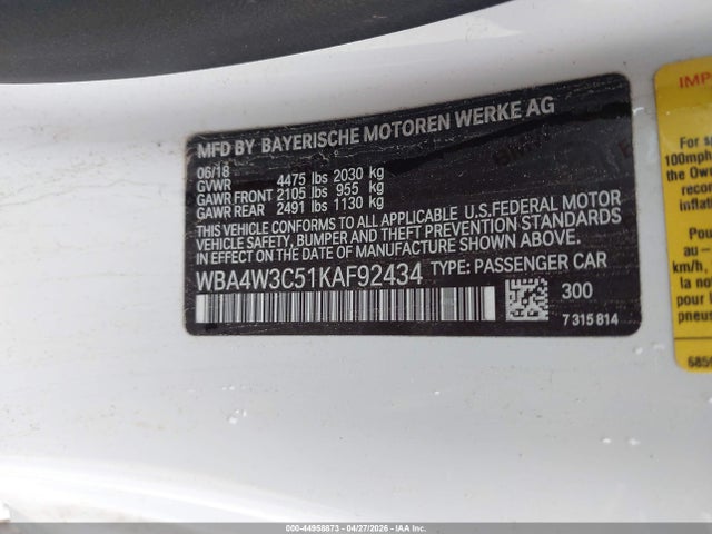 Aukcja sprzedaży 2019 Bmw 430i, vin: WBA4W3C51KAF92434, numer aukcji: 44958873