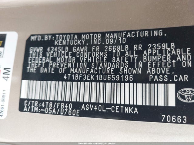 Aukcja sprzedaży 2011 Toyota Camry Le, vin: 4T1BF3EK1BU659196, numer aukcji: 44958884