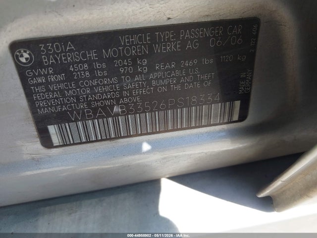 Продажа на аукционе авто 2006 Bmw 330i, vin: WBAVB33526PS18334, номер лота: 44958902