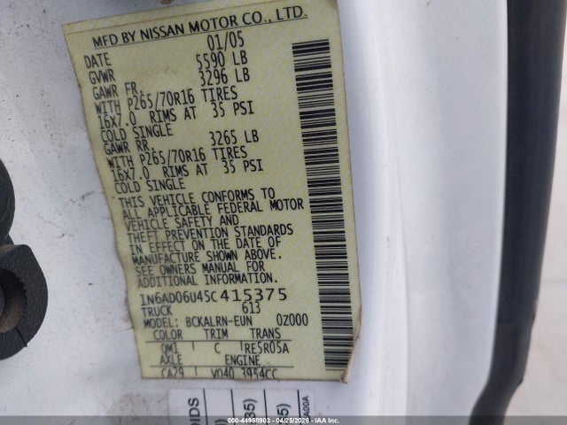2005 Nissan Frontier Se მანქანა იყიდება აუქციონზე, vin: 1N6AD06U45C415375, აუქციონის ნომერი: 44958903
