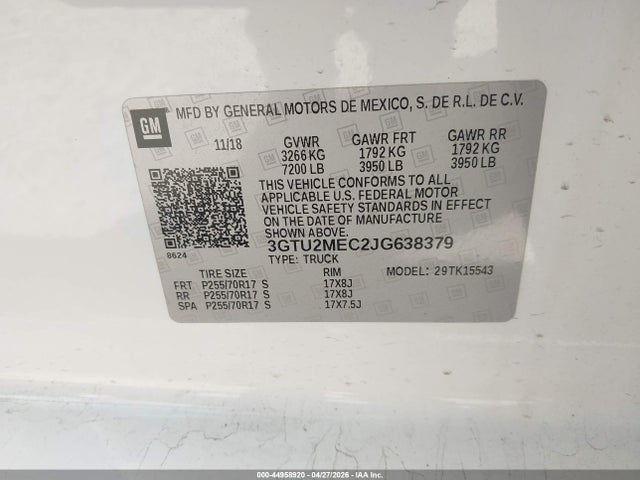 Продажа на аукционе авто 2018 Gmc Sierra 1500 Sle, vin: 3GTU2MEC2JG638379, номер лота: 44958920