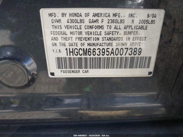 Продажа на аукционе авто 2005 Honda Accord 3.0 Lx, vin: 1HGCM66395A007389, номер лота: 44958921