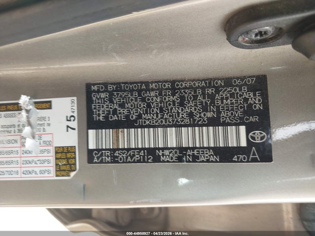 2007 Toyota Prius მანქანა იყიდება აუქციონზე, vin: JTDKB20U373281723, აუქციონის ნომერი: 44958927