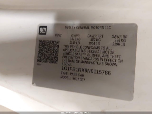 Aukcja sprzedaży 2022 Chevrolet Camaro Rwd  1lt, vin: 1G1FB1RX9N0115786, numer aukcji: 44958934