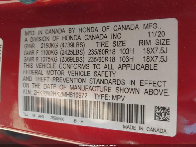 Продаж на аукціоні авто 2021 Honda Cr-v Awd Ex-l, vin: 2HKRW2H82MH610972, номер лоту: 44958941