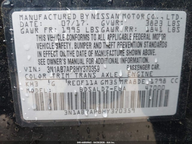 44958943 :رقم المزاد ، 3N1AB7AP8HY370359 vin ، 2017 Nissan Sentra Sv مزاد بيع
