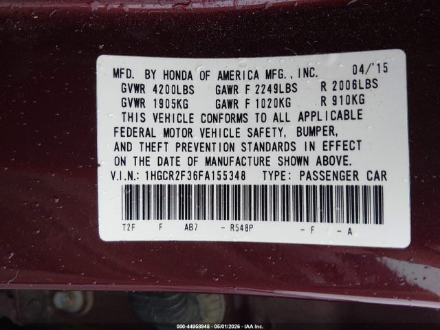 Aukcja sprzedaży 2015 Honda Accord Lx, vin: 1HGCR2F36FA155348, numer aukcji: 44958948