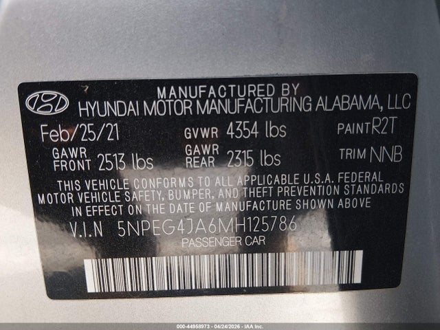 44958973 :رقم المزاد ، 5NPEG4JA6MH125786 vin ، 2021 Hyundai Sonata Se مزاد بيع