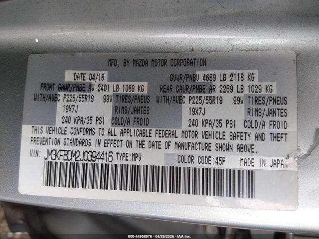 44958976 :رقم المزاد ، JM3KFBDM2J0394416 vin ، 2018 Mazda Cx-5 Grand Touring مزاد بيع