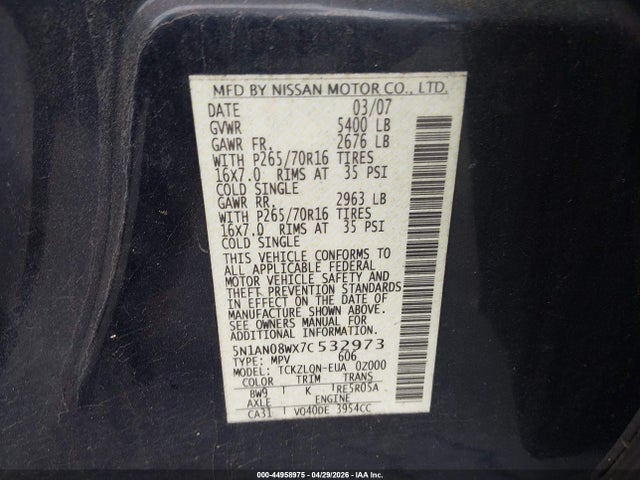 Продаж на аукціоні авто 2007 Nissan Xterra X, vin: 5N1AN08WX7C532973, номер лоту: 44958975
