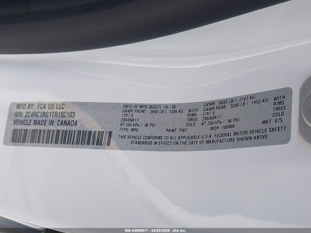 Aukcja sprzedaży 2026 Chrysler Pacifica Select, vin: 2C4RC1BG1TR192103, numer aukcji: 44958977