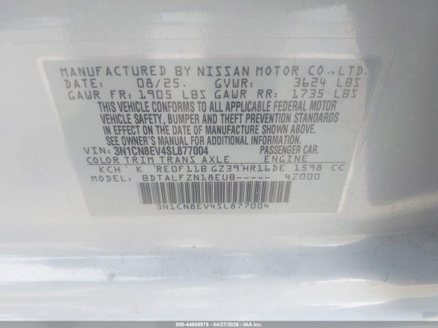 44958978 :رقم المزاد ، 3N1CN8EV4SL877004 vin ، 2025 Nissan Versa 1.6 Sv مزاد بيع