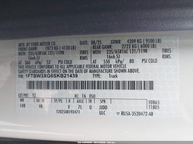 Продажа на аукционе авто 2025 Ford Transit-350 Cargo Van, vin: 1FTBW3XG6SKB21439, номер лота: 44958980