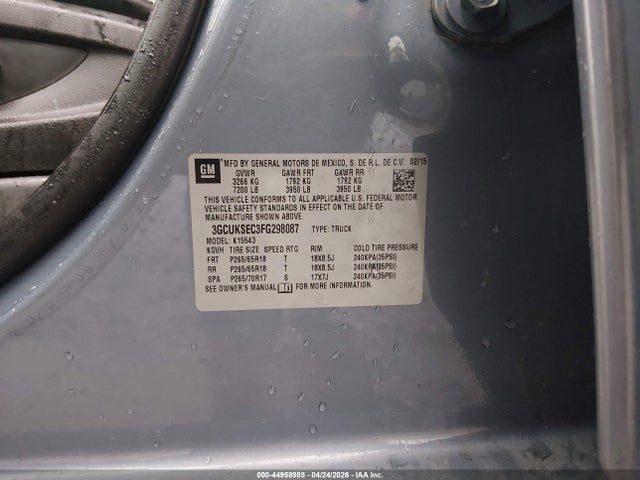 2015 Chevrolet Silverado 1500 2lz მანქანა იყიდება აუქციონზე, vin: 3GCUKSEC3FG298087, აუქციონის ნომერი: 44958985