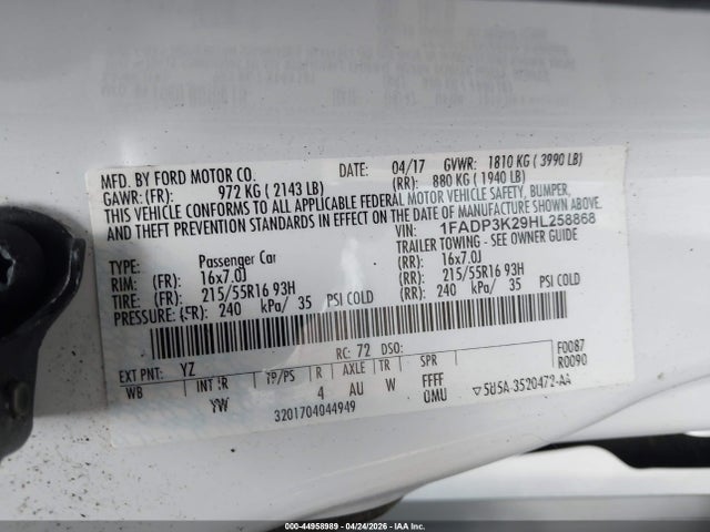 Продажа на аукционе авто 2017 Ford Focus Se, vin: 1FADP3K29HL258868, номер лота: 44958989