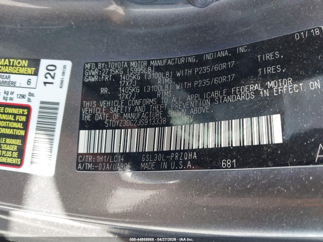Aukcja sprzedaży 2018 Toyota Sienna Xle 8 Passenger, vin: 5TDYZ3DC2JS913338, numer aukcji: 44958988