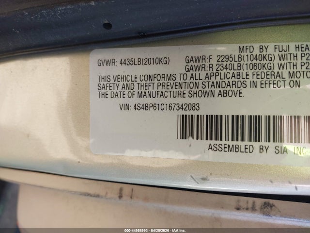 2006 Subaru Outback 2.5i მანქანა იყიდება აუქციონზე, vin: 4S4BP61C167342083, აუქციონის ნომერი: 44958993