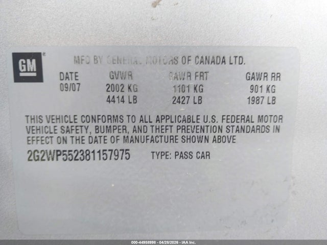 Продаж на аукціоні авто 2008 Pontiac Grand Prix, vin: 2G2WP552381157975, номер лоту: 44958998
