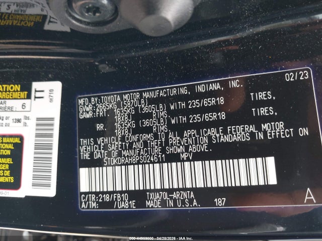 44959000 :رقم المزاد ، 5TDKDRAH8PS024611 vin ، 2023 Toyota Highlander Le مزاد بيع