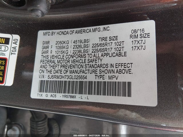 Honda Cr-v Ex-l 2016 5J6RM3H73GL025654 Image 9