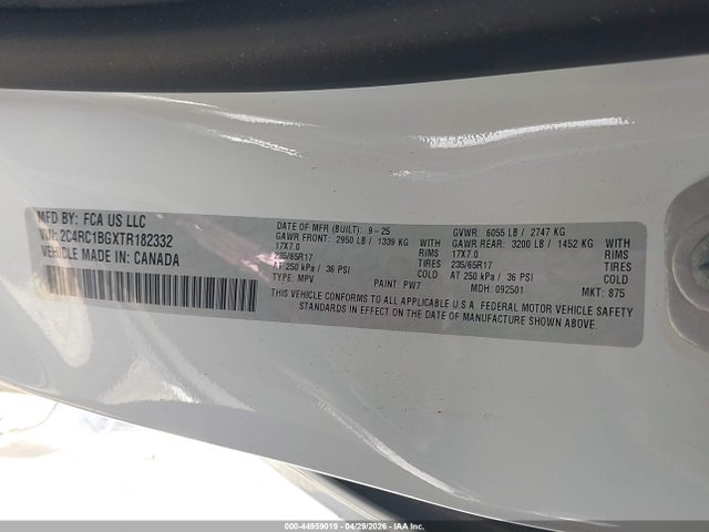 Aukcja sprzedaży 2026 Chrysler Pacifica Select, vin: 2C4RC1BGXTR182332, numer aukcji: 44959019